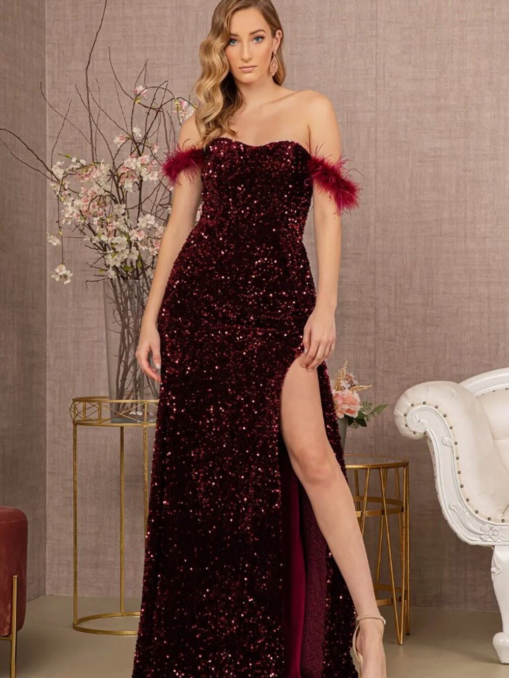 NEW WINE Sequin & Velvet Evening Gown Floor Length Formal Elegant GL3163